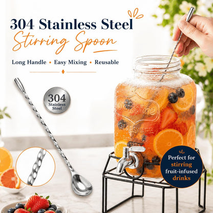 2-Pack 1-Gallon Glass Drink Dispensers with Heavy-Duty Wire Stand - 304 Stainless Steel Spigot & Mixing Spoon - 100% Leakproof Mason Jar Beverage Dispenser for Parties, Fridge, Kombucha - Wide Mouth