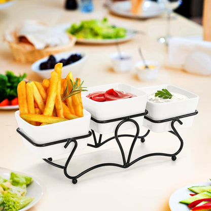 Eorbow 10 OZ Square Bowl Chip & Dip Serving Set, 3 Pieces Ceramic Condiment Server with Metal Stand, Serving Dish Tray for Party Entertaining, Small Snack Platters for Side Dish Appetizer Nuts