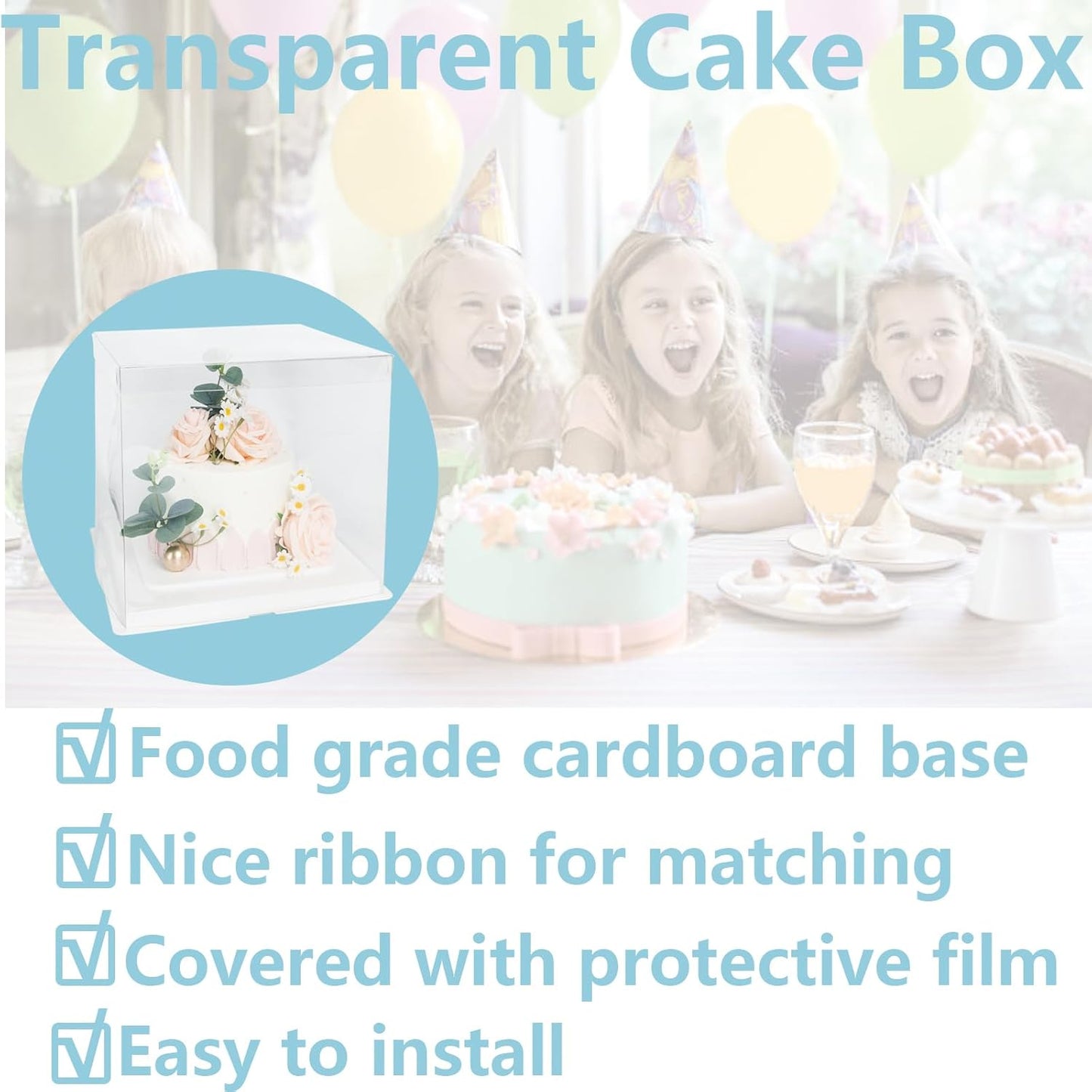 Clear Cake Box, 2 Pcs Transparent Cake Carrier Box with Lids, 4'' PET Packaging Boxes with Ribbon Gift Card for Pastries, Clear Gift Boxes for Birthday, Wedding and Festival Party, White.