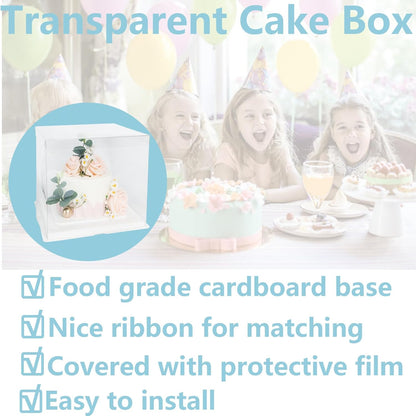 Clear Cake Box, 2 Pcs Transparent Cake Carrier Box with Lids, 4'' PET Packaging Boxes with Ribbon Gift Card for Pastries, Clear Gift Boxes for Birthday, Wedding and Festival Party, White.