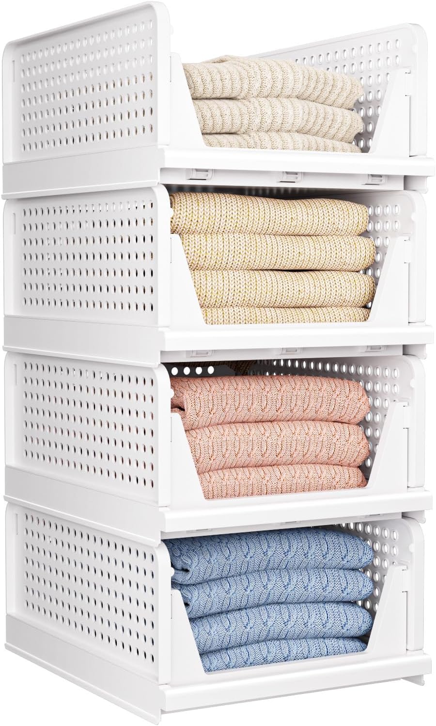 CTSNSLH 5 Pack Closet Organizers Storage Box, Closet Storage Stackable Storage Bins, Plastic Drawer Basket for Wardrobe Cupboard Kitchen Bathroom Office, White