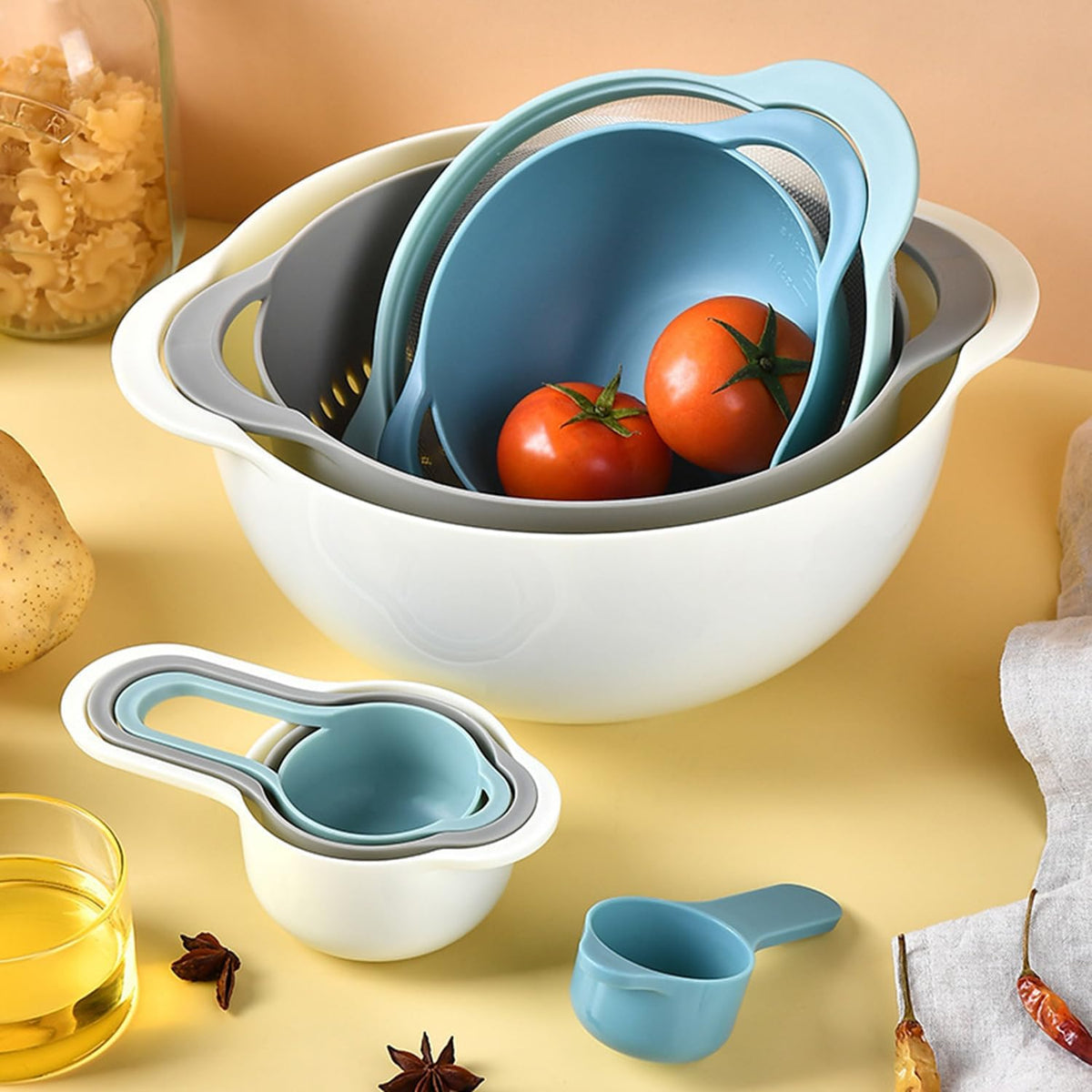 Mixing Bowls, Nesting Baking Bowls with Colander & Fine Mesh (Wheat-10PCS)