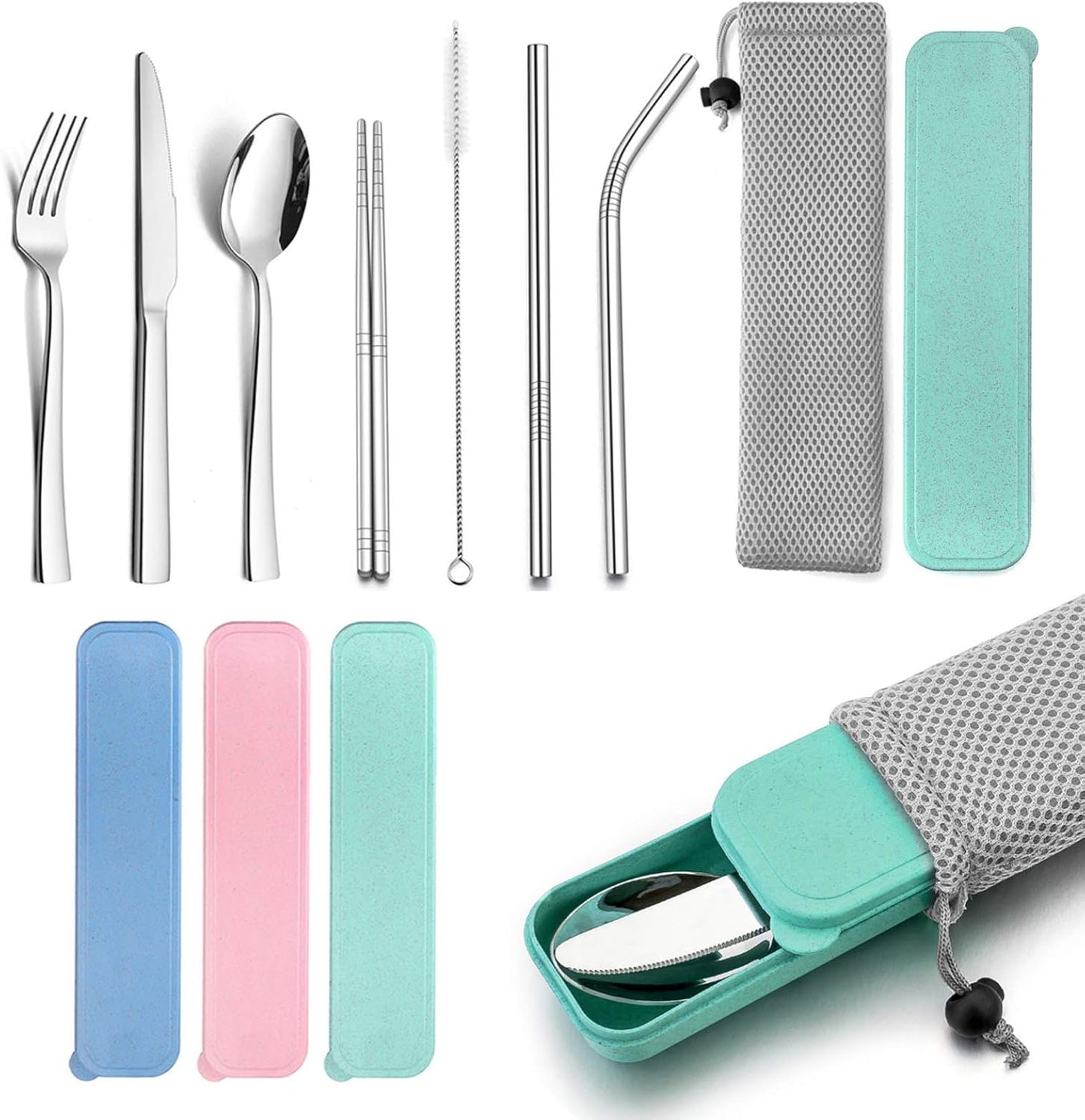 HaWare Portable Travel Utensils with Case, Stainless Steel Silverware Set for Camping Office School Lunch, Including Knife Fork Spoon Chopsticks, Reusable and Dishwasher Safe(Green)