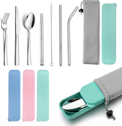 HaWare Portable Travel Utensils with Case, Stainless Steel Silverware Set for Camping Office School Lunch, Including Knife Fork Spoon Chopsticks, Reusable and Dishwasher Safe(Green)