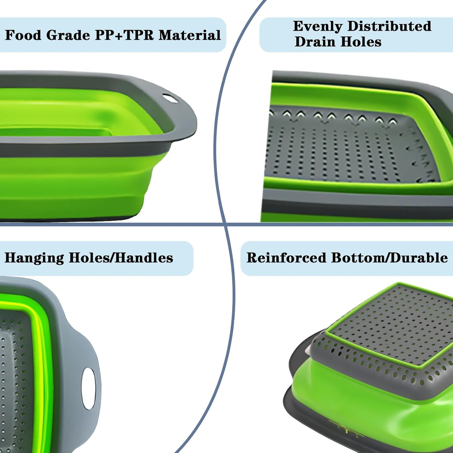 Square Collapsible Colander Set,Save Storage Space Collapsible Colander Strainer with Handle,for Kitchen and Travel Use (Green)