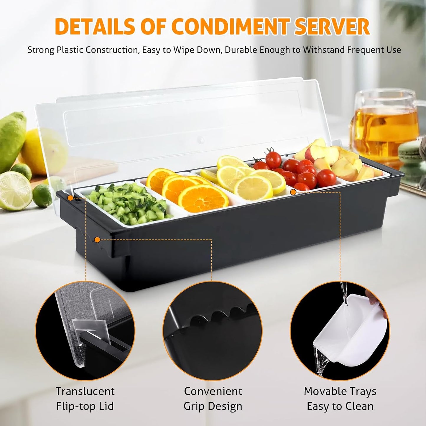 WICHEMI Fruit, Veggie & Condiment Caddy with Lid Dispenser Tray Plastic Garnish Station for Bartending & Serving Taco, Ice Cream, Salad Bar - Topping Organizer for Restaurant Supplies (3 Compartment)