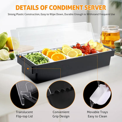 WICHEMI Fruit, Veggie & Condiment Caddy with Lid Dispenser Tray Plastic Garnish Station for Bartending & Serving Taco, Ice Cream, Salad Bar - Topping Organizer for Restaurant Supplies (3 Compartment)