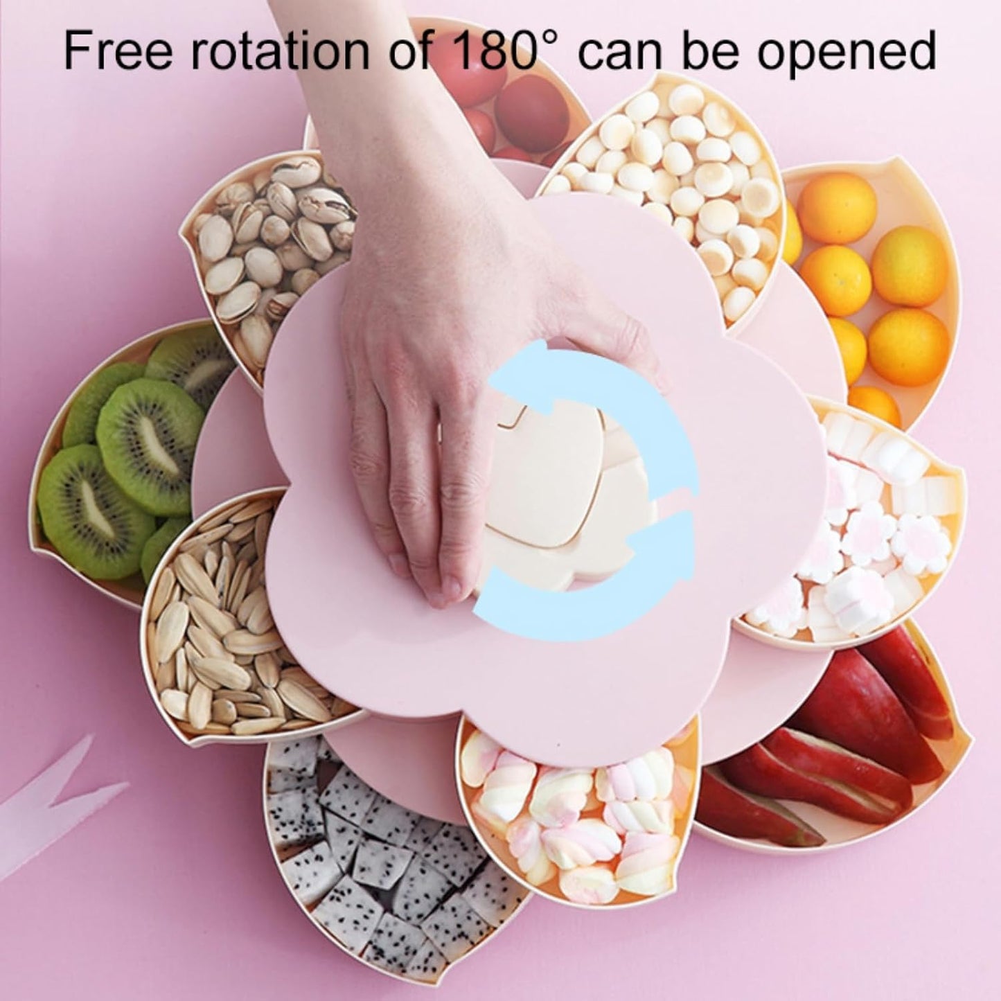 Ochine Rotatable Serving Tray and Platters, Divided Snack Serving Tray with Lid, Creative Flower Type Fruit Tray, Dried Fruit Food Storage Organizer, Double Deck Petal Shaped Platter Candy Box