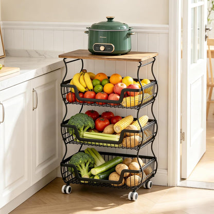 2 Pack 3-Tier Rolling Kitchen Storage Cart Fruit Basket Stand for Vegetables & Snacks Stackable Wire Pantry Floor Organizer with Wheels for Kitchen, Living Room, Bedroom, Office (Black)