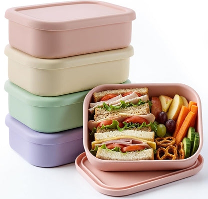 Layhit 4 Pcs Silicone Bento Box Lunch Box for Adult, 23.7 oz Reusable Sandwich Containers Food Storage with Lids Airtight for Lunch Meals Snacks, Dishwasher Freezer Safe (Matte Multicolor)