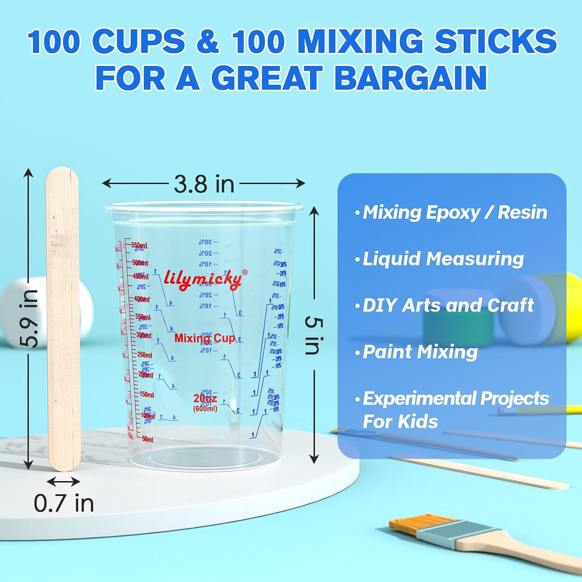 Plastic Mixing Cups, 20 oz Measuring Cups with Mixing Sticks