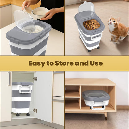 HOYTAMDA 28-40Lbs Rice Container,Collapsible Airtight Food Storage Containers with Wheels,Handle,Rice Storage Container with Small Bin and Scoop,Rice Dispenser for Flour Sugar Cereal Grain Dog Cat