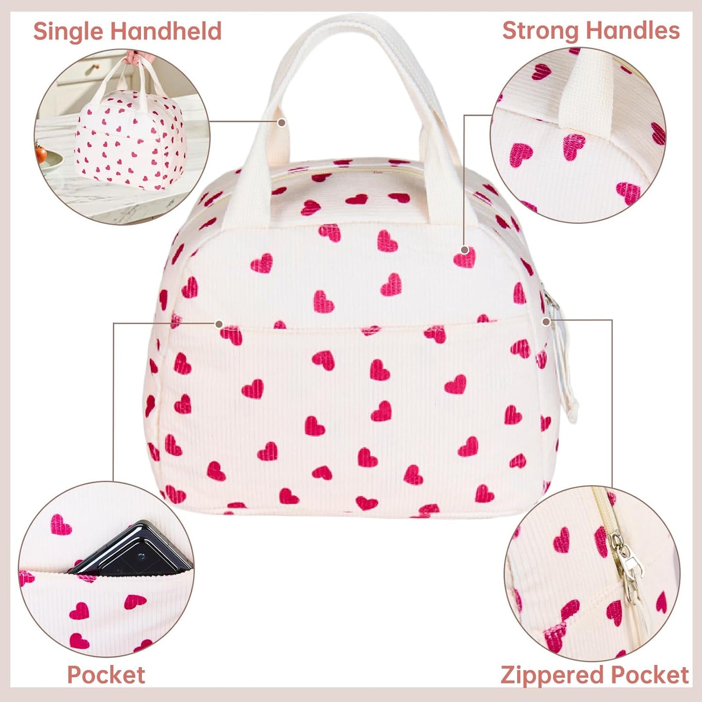 Lunch Bag for Women Men Girl,Large Cute Corduroy Lunch Tote Bags - Reusable Insulated Lunch Box for women with Handle, Leakproof WaterProof Design for Office, School, Work,Picnic.