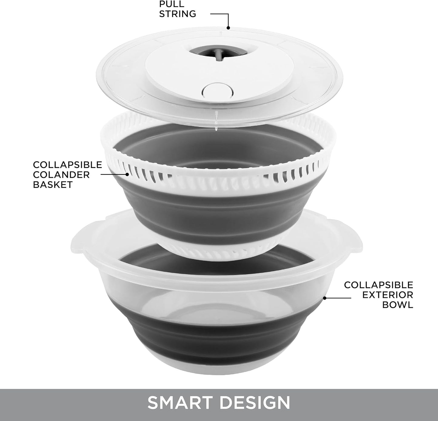 COOK WITH COLOR Collapsible Salad Spinner - 4 QT Space Saving Lettuce Dryer with Folding Collapsible Colander Great for Washing and Drying Fruit and Vegetables (Grey)