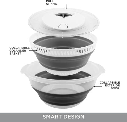 COOK WITH COLOR Collapsible Salad Spinner - 4 QT Space Saving Lettuce Dryer with Folding Collapsible Colander Great for Washing and Drying Fruit and Vegetables (Grey)