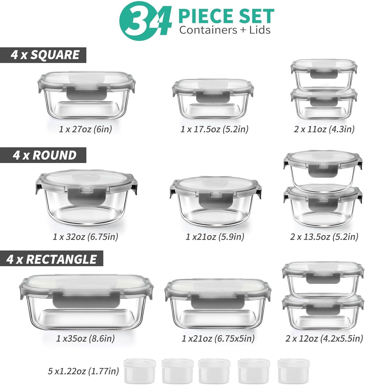 34pcs Glass Food Storage Containers with Lids Set, Airtight Glass Meal Prep Containers (17 Containers & 17 Lids), Leak Proof Lunch Container BPA-Free, Microwave, Oven, Freezer, Dishwasher Safe-Blue