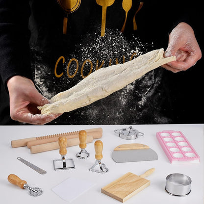 UNICRAFTALE 15Pcs Wooden Pasta Making Kit Ravioli Stamp Set Gnocchi Board Wood Threaded Rolling Pin Dumpling Press Mold Pasta Cutter Wheel Drying Rack for Homemade Spaghetti Dumplings Rice Dumpling