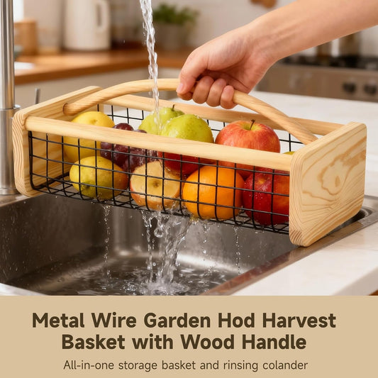 yeesport Metal Wire Garden Hod Harvest Basket with Wood Handle, 16.5 x 7.9 x 4.8 in, Large Capacity Fruit and Vegetable Storage Basket for Kitchen, Pantry, and Garden