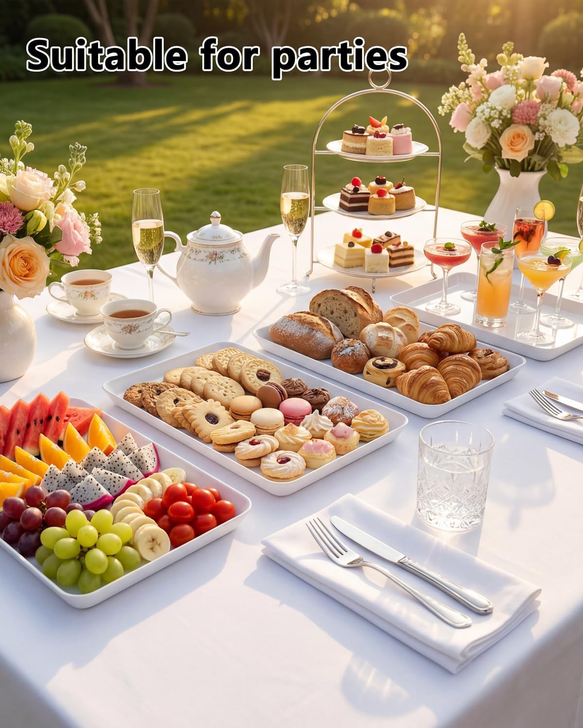 YOUBET 6 PCS Plastic Serving Trays - White Trays for Serving Food - Super Strong Disposable Platters, Heavy Duty Plastic Trays for BBQ, Picnic, Party, Wedding