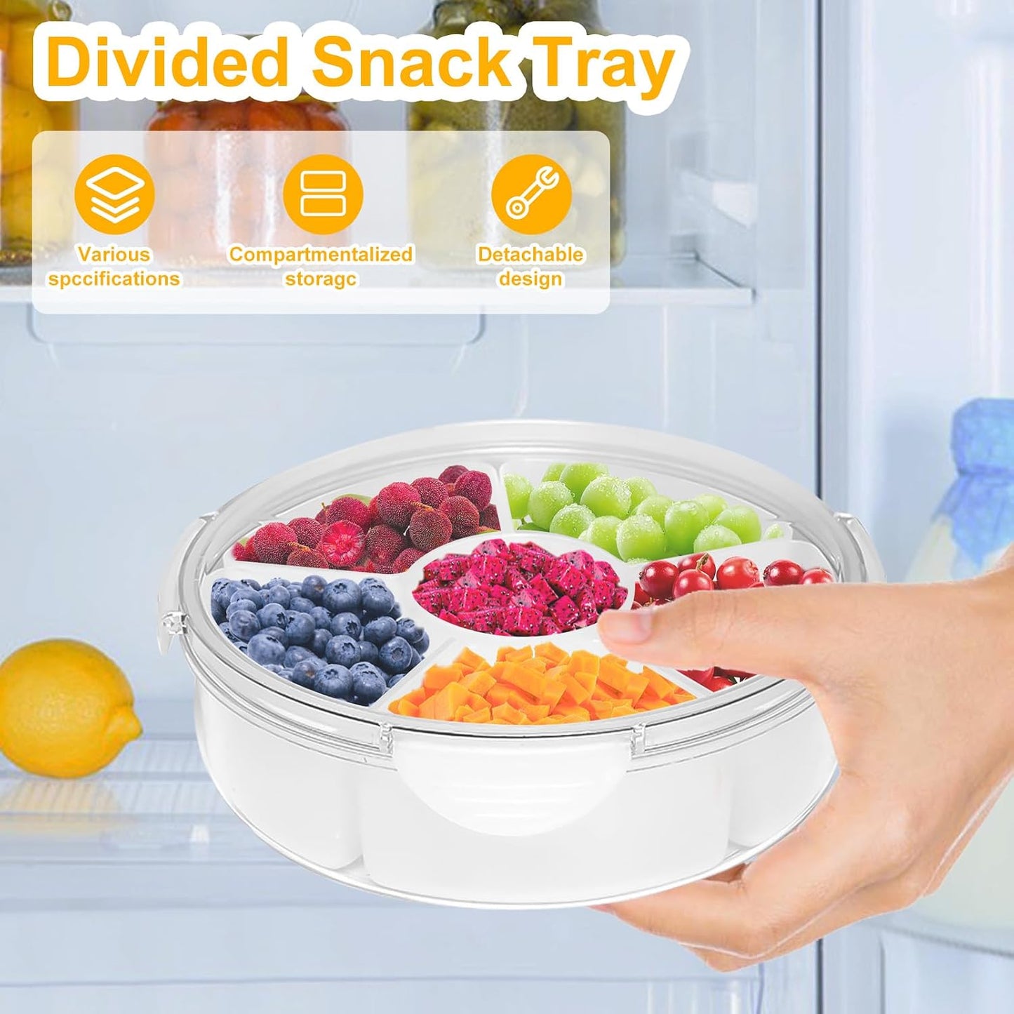 Qivine Veggie Tray with Lid for Fridge, Portable Vegetable Tray with Lid and Dip, 6 Compartments Divided Serving Tray with Lid and Handle, Round Veggie Trays for Serving for Party with 2 Clips