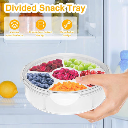 Qivine Veggie Tray with Lid for Fridge, Portable Vegetable Tray with Lid and Dip, 6 Compartments Divided Serving Tray with Lid and Handle, Round Veggie Trays for Serving for Party with 2 Clips