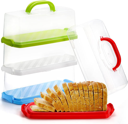 Cedilis 4 Pack Portable Bread Box with Clear Lid, Plastic Loaf Cakes Storage Container with Handle, Rectangular Bread Keeper for Storing Banana Bread, Pumpkin Bread and Quick Breads, 4 Color