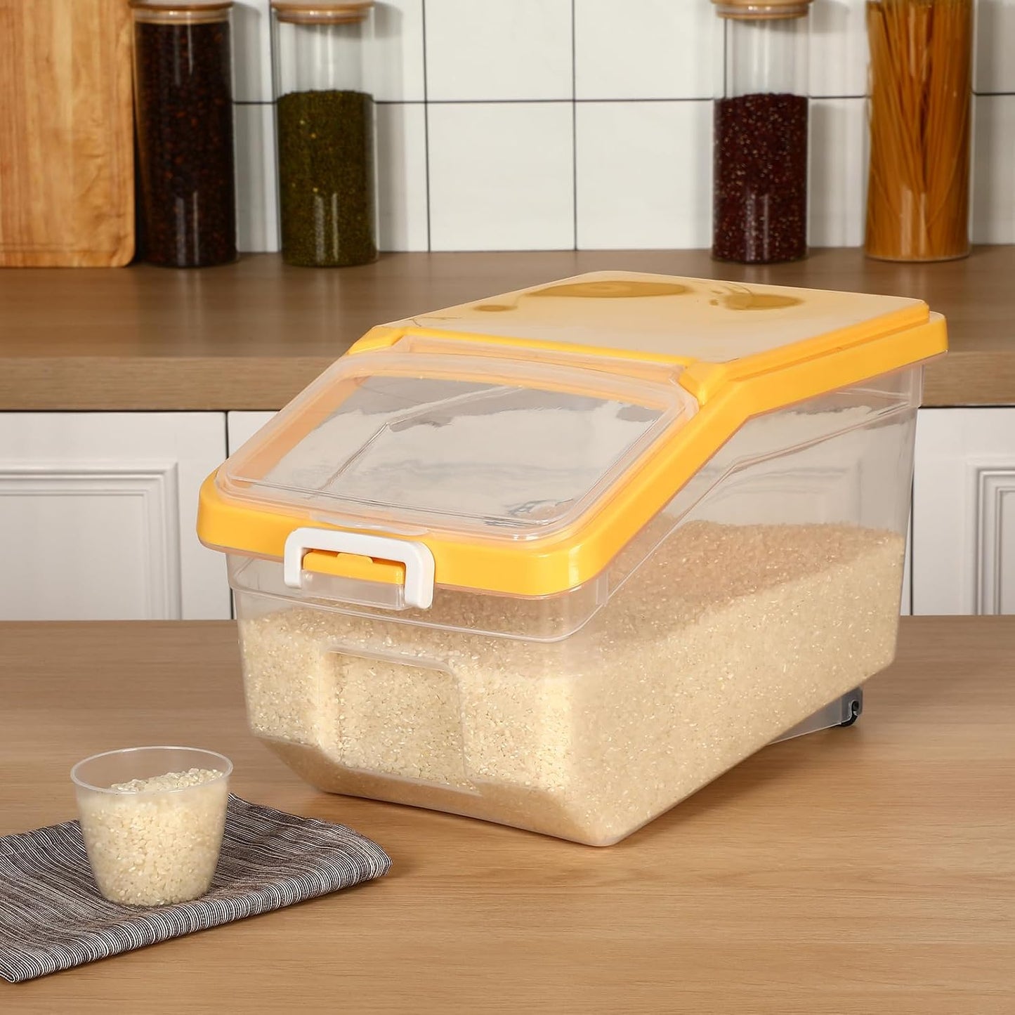 Sunnyray 4 Pcs Rice Storage Container 22 lb Airtight Flour Container with Wheels Measuring Cup Clear Pet Food Cube Dog Cat Birds Food Bin Grain Cereal Organizer Box for Dry Baking Supplies(White Lid)