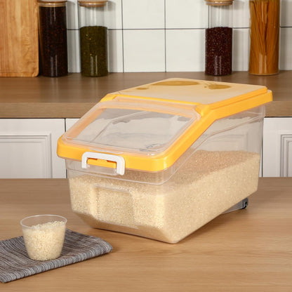 Sunnyray 4 Pcs Rice Storage Container 22 lb Airtight Flour Container with Wheels Measuring Cup Clear Pet Food Cube Dog Cat Birds Food Bin Grain Cereal Organizer Box for Dry Baking Supplies(White Lid)