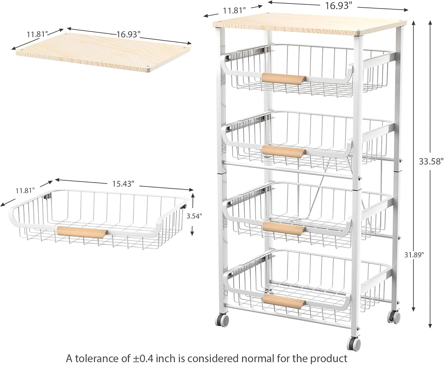 JAQ Slide Out Fruit Vegetable Basket for Kitchen, 4-Tier Rolling Storage Cart with Wooden Handle & Top, Metal Wire Produce Rack for Pantry Organization, Onion Potato Storage Bins for Small Space,White