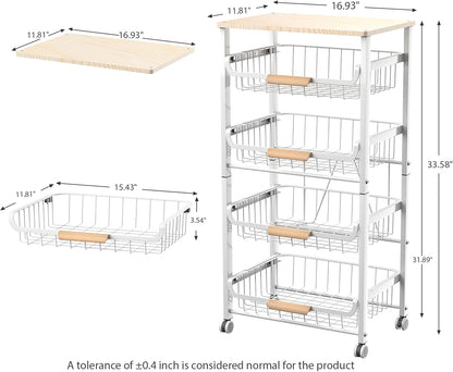 JAQ Slide Out Fruit Vegetable Basket for Kitchen, 4-Tier Rolling Storage Cart with Wooden Handle & Top, Metal Wire Produce Rack for Pantry Organization, Onion Potato Storage Bins for Small Space,White