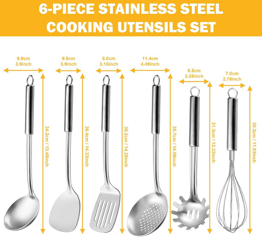 6-Piece Kitchen Cooking Utensils Set, Stainless Steel Kitchen Utensils with Suspendable Handle, Spatula, Slotted Turner, Soup Ladle, Slotted Spoon, Whisk, Pasta Server, Dishwasher Safe