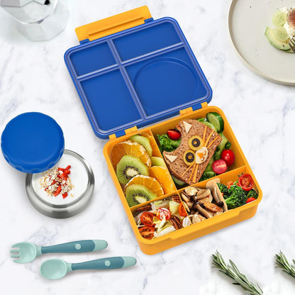 Bento Lunch Box Set for Kids with 8oz Soup Thermo, Leak-Proof Lunch Containers with 4 Compartment, Thermo Hot Insulated Food Jar and Foldable Fork Spoon, for Kids to School (pale pink)