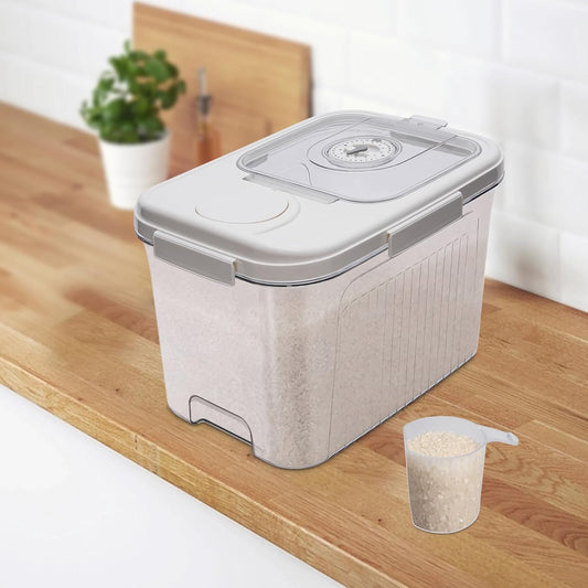 22lb Rice Storage Container with Timer & Measuring Cup, Large Airtight Grain Dispenser White | BPA-Free Pet Food Flour Bin for Kitchen Pantry