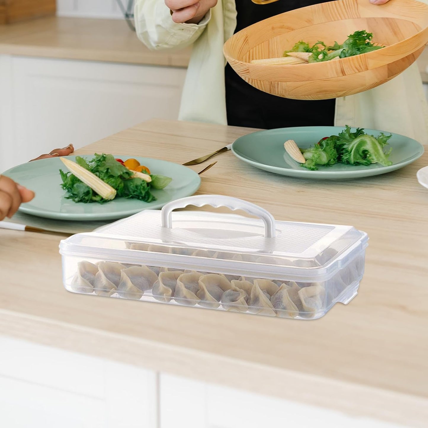Dumpling Container with Lid for Freezer, Airtight Food Storage Box 31x22x7cm, Stackable Refrigerator Organizer Tray for Dumplings and Wontons
