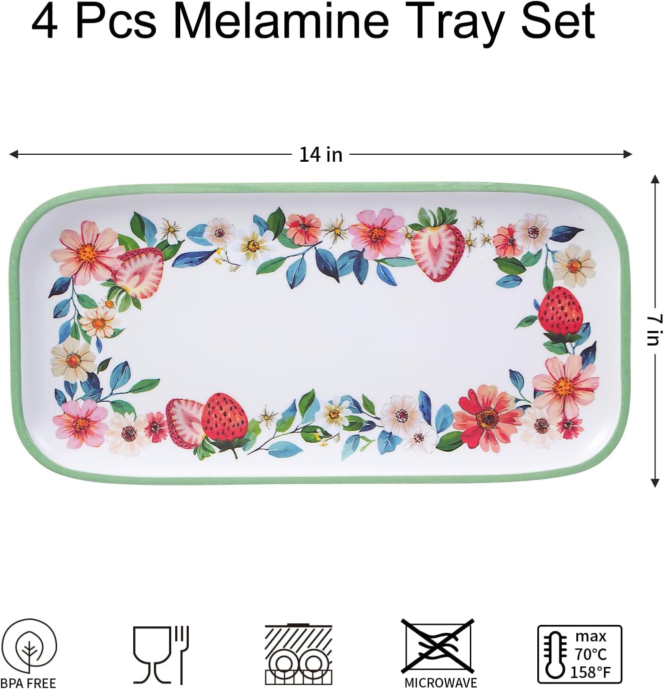 2 pcs Melamine Tray Set with Strawberry Design, 19 Inch and 14.5 Inch Large Serving Plates, Unbreakable Dinnerware for RV, Camping, Party, Easy Clean