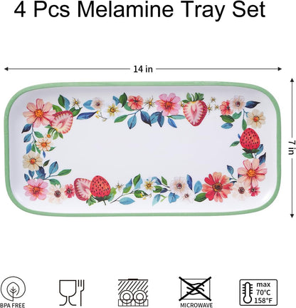 2 pcs Melamine Tray Set with Strawberry Design, 19 Inch and 14.5 Inch Large Serving Plates, Unbreakable Dinnerware for RV, Camping, Party, Easy Clean