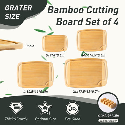 3 Packs Bamboo Cutting Board Set with Non Slip Feet Holder and Over Sink Nice Solid Thick Wood Juice Groove Chopping Board Extra Large Big Small Best Hardwood Kitchen Organic Vegetable Meat BBQ Kit