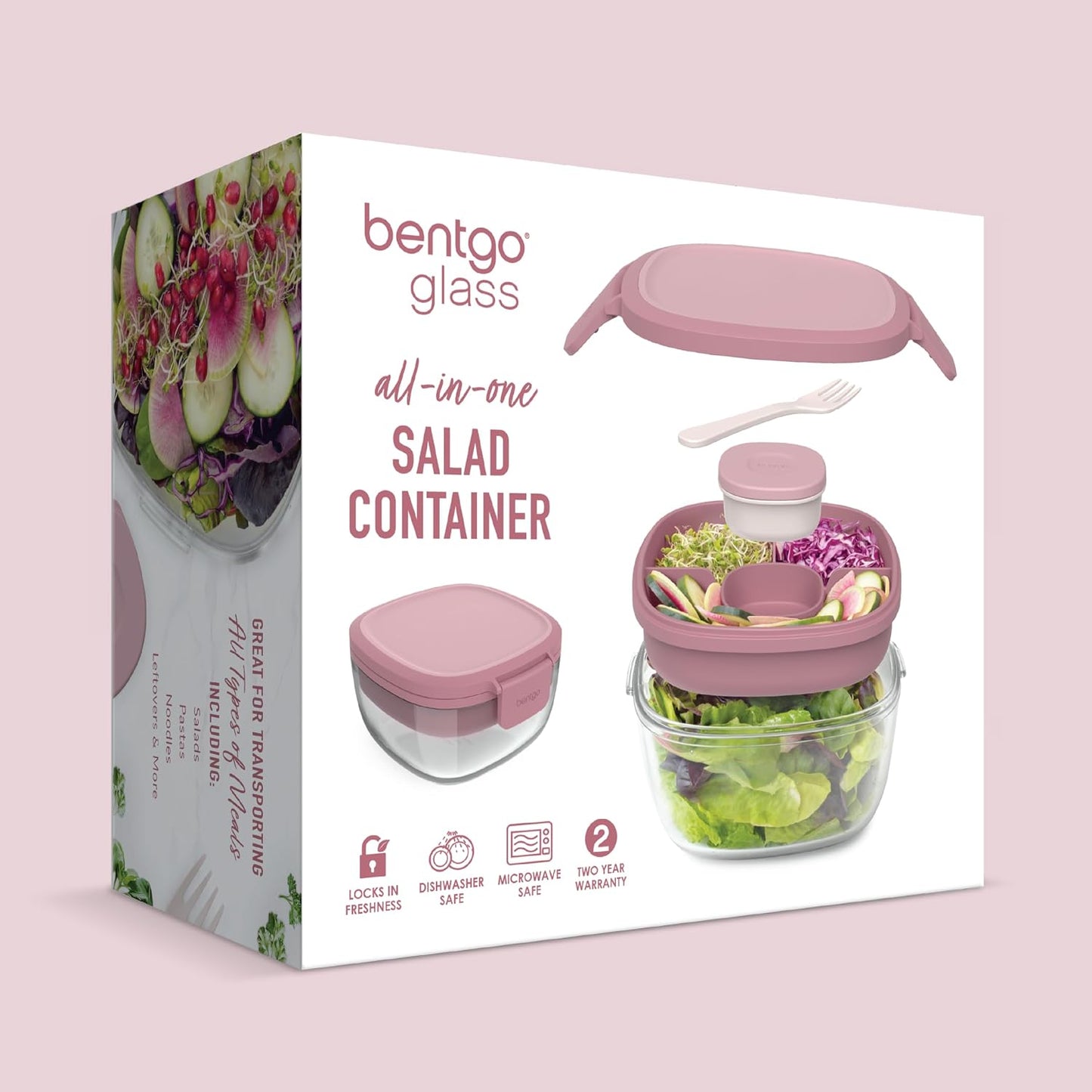 Bentgo Glass Salad Container - 7.6-Cup Salad Bowl with Airtight Lid, Leak-Proof Sauce Container, 4-Compartment Bento Tray & Reusable Fork - BPA-Free for Meal Prep, Office & More (Light Blue)