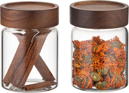 6 pc Glass Spice jars Glass Jars with Screw Lid 5 oz Acacia Wood Glass Herb Sugar Coffee Bean Ground Container Food Storage Canister for Candy Pantry Tea Seasoning Meal Prep Snack (6*150ml(5oz))