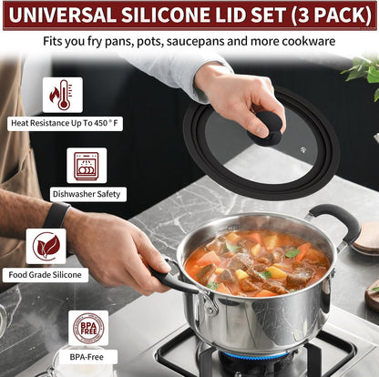 3 Pack Universal Pan Lids,Replacement Pan Lid Fits 6", 7" 8" & 8", 9" 9.5" & 10", 11" 12" Cookware,Tempered Glass Pan Cover with Heat Resistant Rim for Skillets, Pots, Frying Pans & CrockPot
