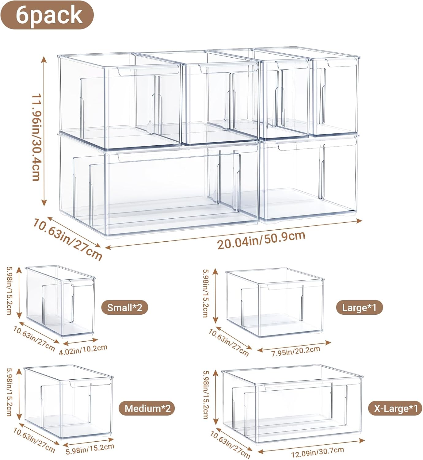 Clear Plastic Storage Bins with Dividers for Fridge Pantry Organizers and Storage Containers, 3 Pack Acrylic Stackable Sturdy Storage Boxes for Home Edit and Cabinet Organizers C6-1