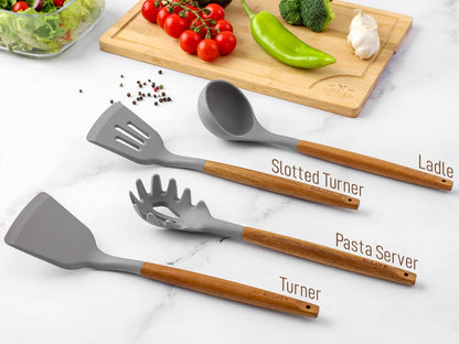 Zulay Kitchen Utensils Set Non-Stick Silicone Cooking Utensils Set with Authentic Acacia Wood Handles - 5 Piece Silicone Utensil Set - Kitchen Utensils Set with 464°F Heat Resistance - Gray