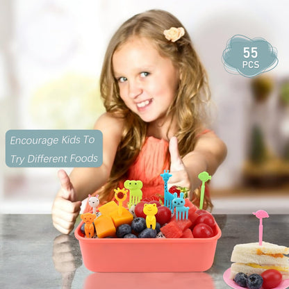 Animal Food Picks for Kids - 55 Pcs Cute Cartoon Fruit Toothpicks for Bento Box, Lunch, Snacks - BPA-Free, Reusable, Fun Kids Food Picks