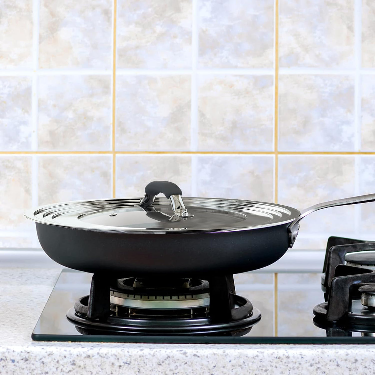 Stainless Steel Universal Lid for Pans Pots Fits 8.25 9 10 11 12 Inch Cast Iron Skillets Frying Pans Woks - Design with Heat Resistant Handle and Vent Hole - Black Handle