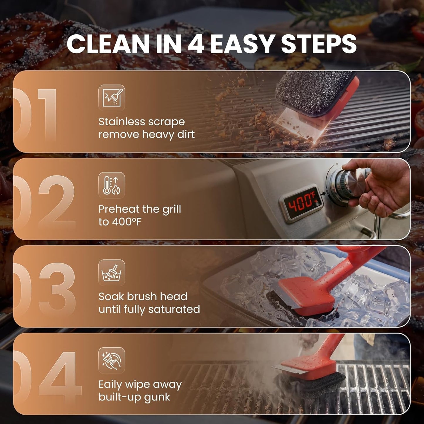 ThermoMaven Bristle-Free BBQ Grill Brush - No Wire Risk Steam Cleaner Removes Burnt Grease Fast - 17" Cool-Touch Handle, Scraper & 3 Replaceable Heads for Gas, Charcoal & Cast Iron