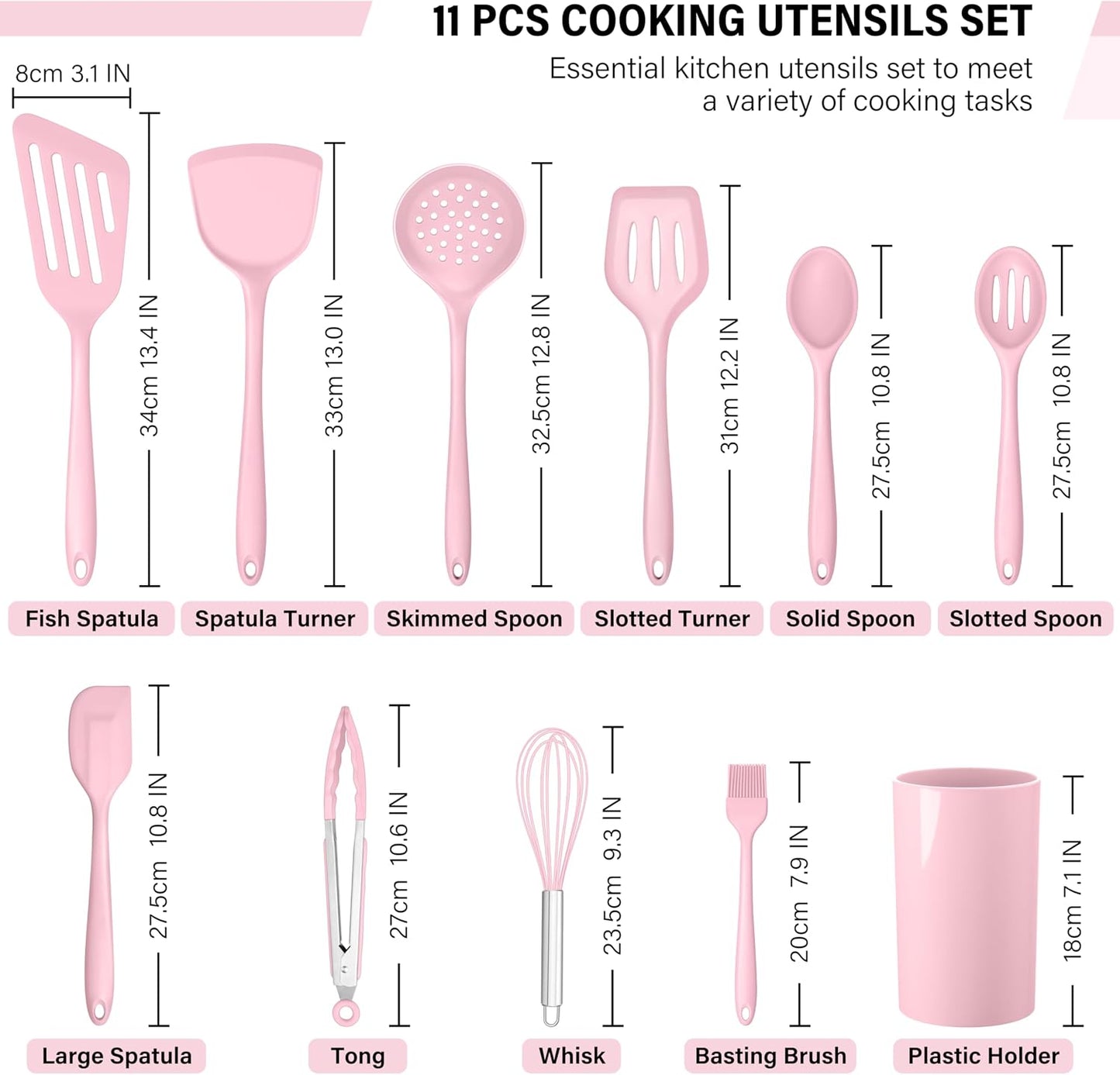 HaWare 11 PCS Silicone Cooking Utensils Set, Heat Resistant Kitchen Utensils with Holder, Food-grade Spatula Sets for Nonstick Cookware, Kitchen Tools Gadgets Include Fish Turner, Spoon (Black)