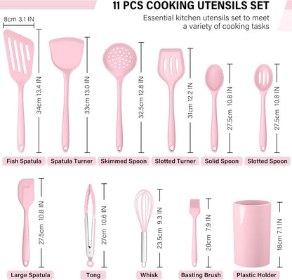 HaWare 11 PCS Silicone Cooking Utensils Set, Heat Resistant Kitchen Utensils with Holder, Food-grade Spatula Sets for Nonstick Cookware, Kitchen Tools Gadgets Include Fish Turner, Spoon (Black)