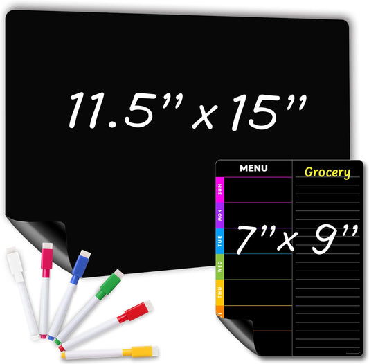 Magnetic Blackboard for Fridge - Dry Erase Black Board for Home, Office & Classroom (11.5" x15”), Menu Board for Kitchen Fridge - Family Meal Planner (7" x9”) - 6 Fine Tip Magnetic Markers & Eraser