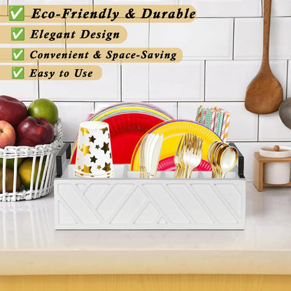 Paper Plate Dispenser with Utensil Caddy, Rustic Wooden 6-Compartment Flatware Organizer for Kitchen Counter, Picnic & Parties (Black)