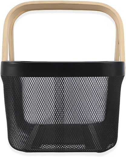 Cheardia 2 Pack Picnic Baskets, Metal Mesh Harvest Basket with Foldable Wooden Handle, Rectangle Garden Storage Basket Bin for Vegetable Fruit Garden Kitchen Cabinet Picking Gathering